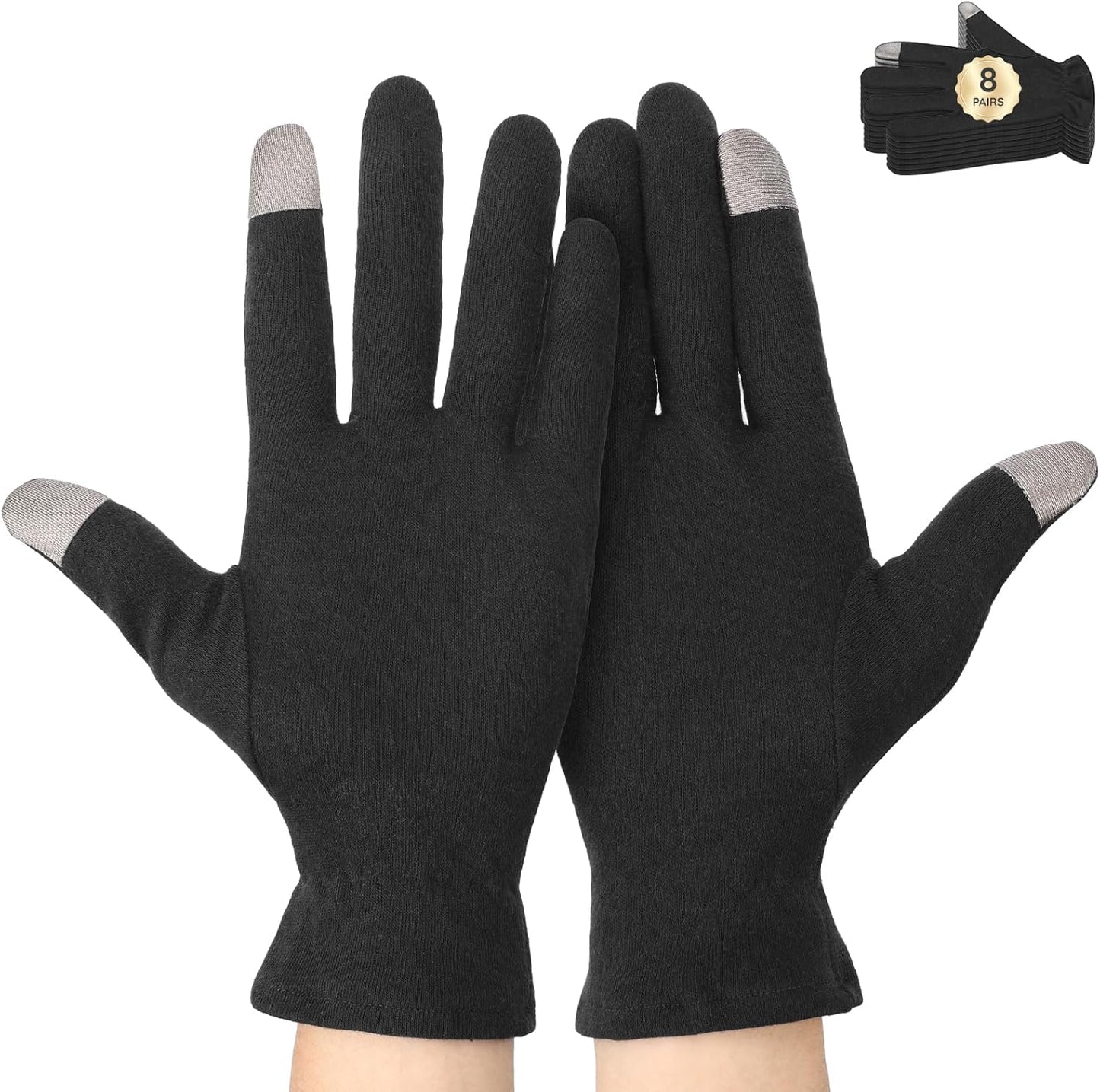 Segbeauty 16 Counts Elastic Black Cotton Gloves for Working, 8 Pair Touchscreen Sleeping Moisturizing Lotion Gloves Overnight with Elastic Band, Hand Care Cotton Moisture Work Glove for Typing Driving