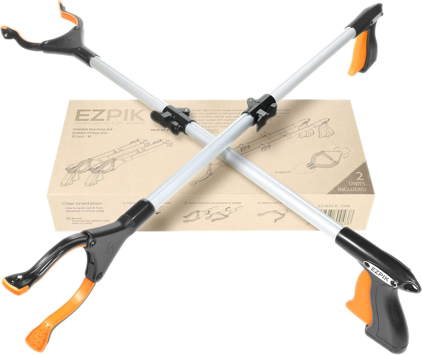 EZPIK® Grip Aid Tool Grabber Reacher + Magnets - Grabbers for Seniors, Trash Picker Upper Grabber - Trash Grabber Tool- Reacher Grabber Pickup Tool (Silver, 32″ (Pack of 2))