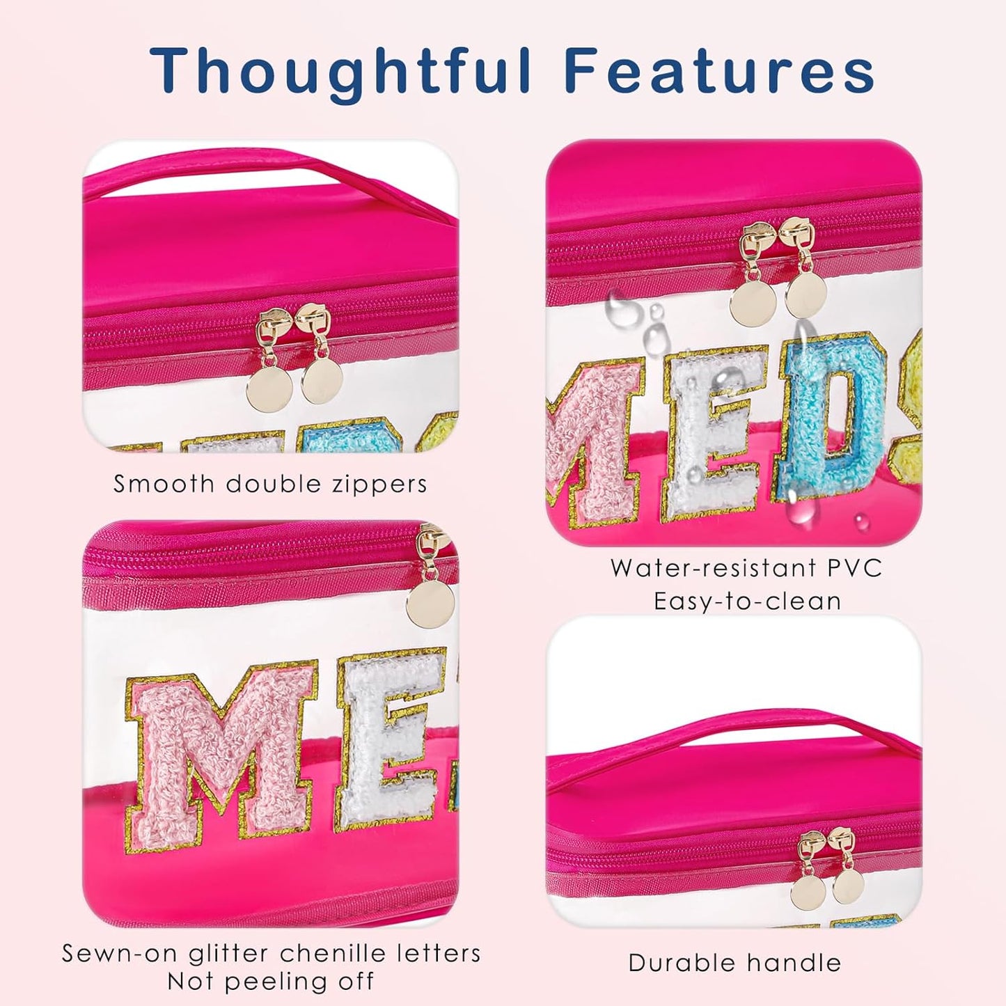 uekeboag Chenille Letter Clear Medicine Makeup Bag, Large Size Waterproof Nylon Cosmetic Toiletry Storage bag with Top Handle, Transparent Meds First Aid Travel Organizer Cosmetic Bag(01Hot Pink)