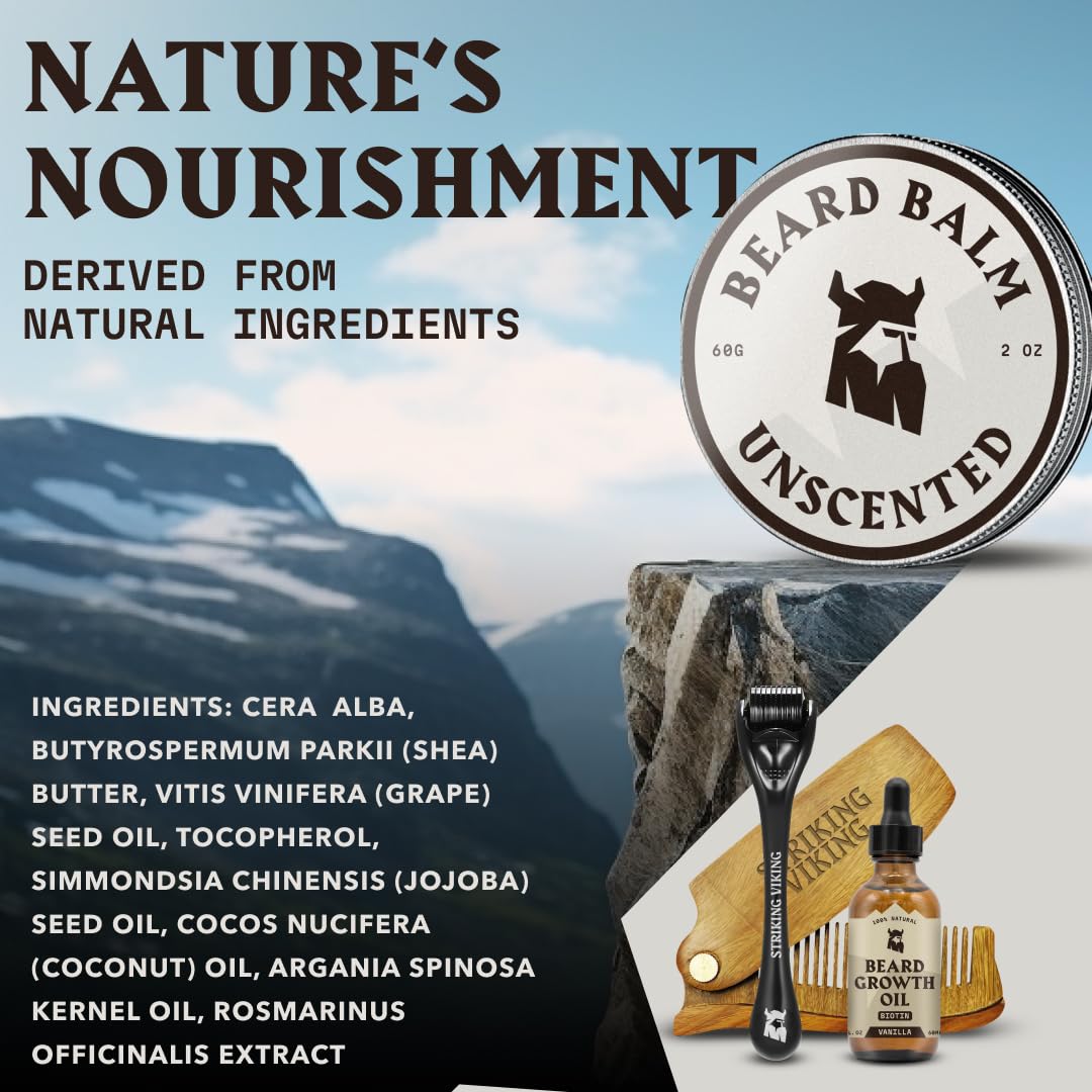 Striking Viking Beard Balm for Men & Mustache Balm with Shea Butter & Argan Oil - 2 oz, Light Hold - Fragrance Free Beard Conditioner & Softener - Softens & Shapes with Tea Tree & Jojoba Oils