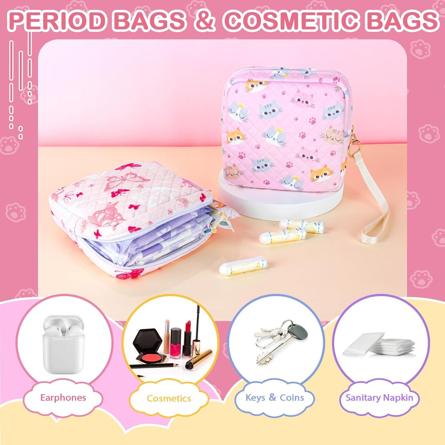 Tampon Holder for Purse, Quilted Period Bag Sanitary Napkin Storage Bag for Girls Womens, Portable Feminine Emergency Pad Period Pouch(Butterfly Bear)