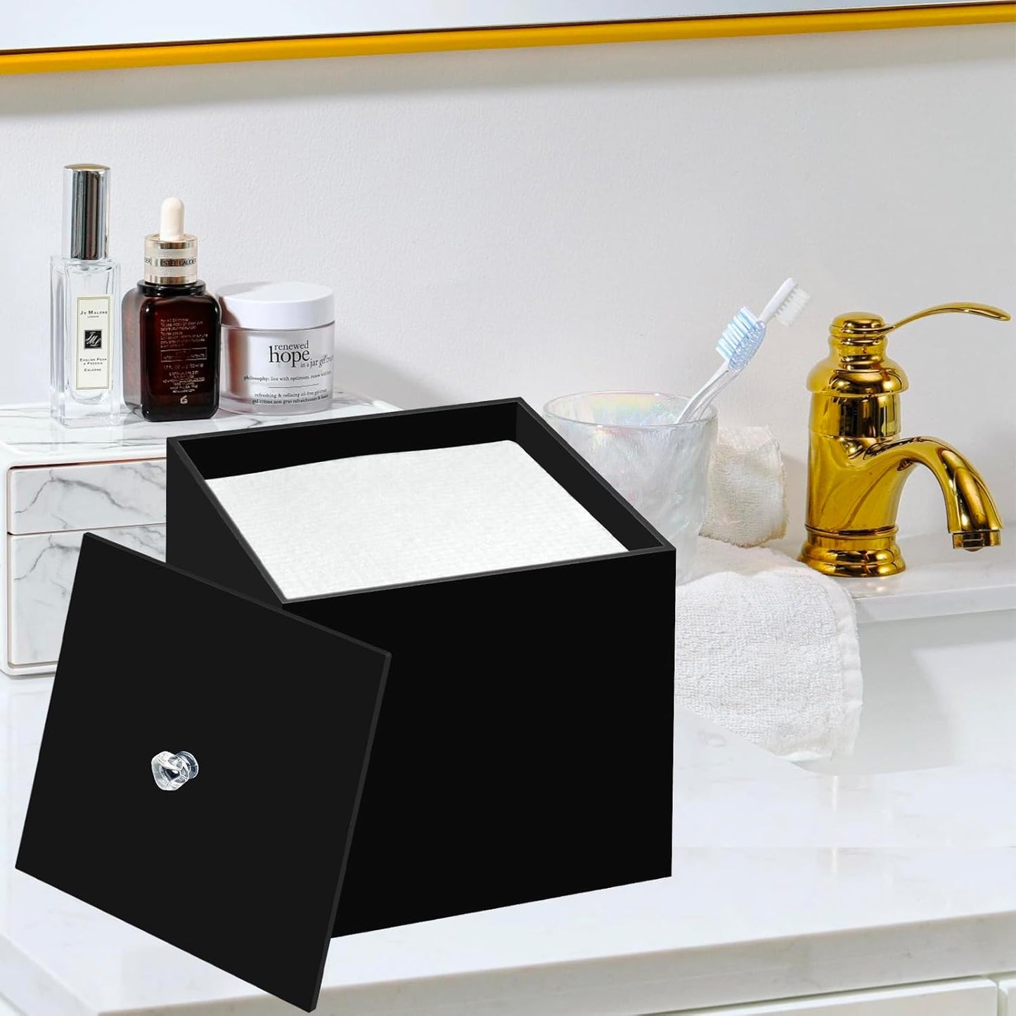 Disposable Face Towel Holder, Facial Towelettes Container Box, Acrylic Box for Facial Towels, Black