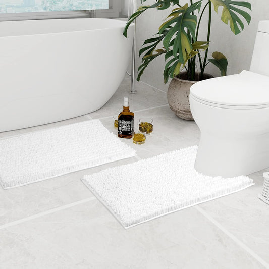 Walensee Bathroom Rug 2 Pieces Set Non Slip Bath Mat (20"x32" Plus 20"x24" U White) Water Absorbent Super Soft Shaggy Chenille Machine Washable Dry Extra Thick Perfect Carpet for Shower Floor