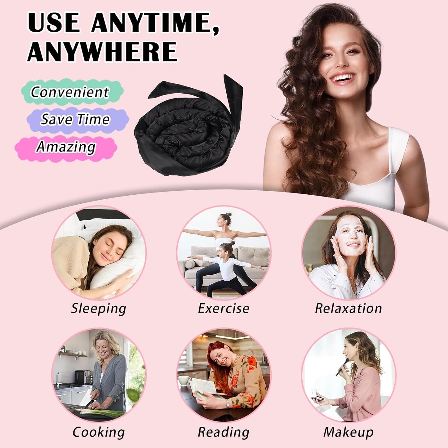 Satin Heatless Curls Overnight Hair Curlers to Sleep In Hair Curler Rollers No Heat Hair Wrap for Curls Headband, 70" Satin Heatless Curling Rod Set for Women Long Waves Hair Volume-Black 10PCS