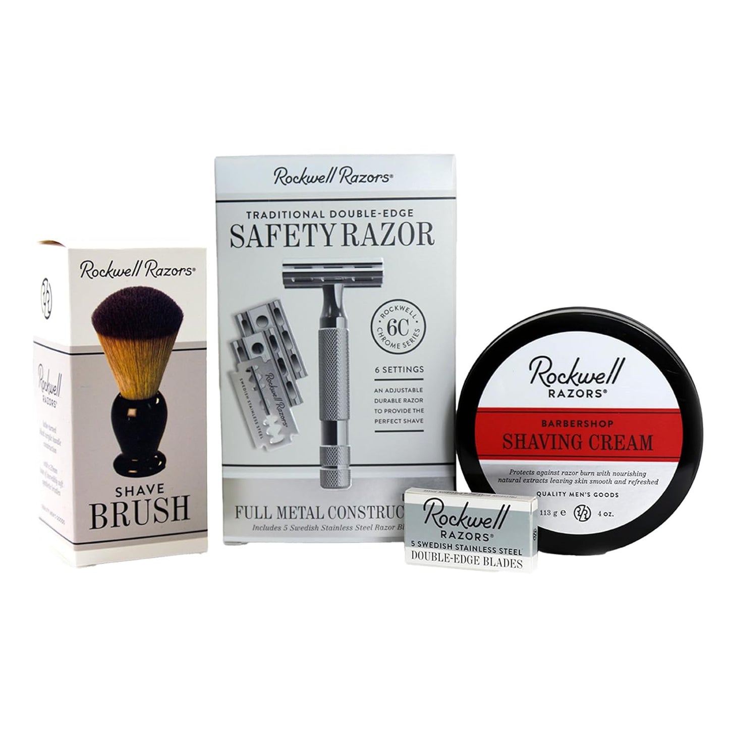 Rockwell 6C Shave Kit (White Chrome) | Includes Safety Razor with 6 Adjustable Settings, Shaving Cream, Synthetic Shave Brush, & 4 Month Supply Swedish Stainless Steel Razor (20 Blades), 4 Piece Set