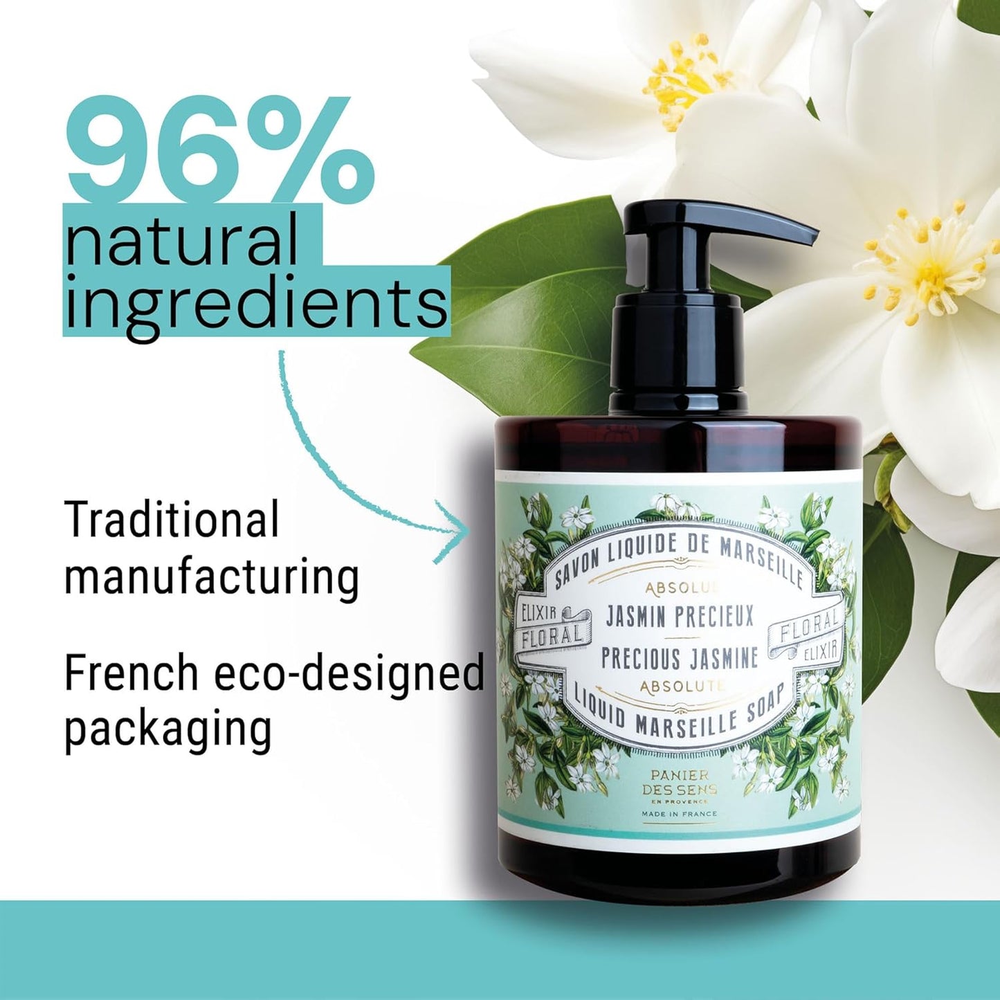 Panier des Sens - Moisturizing Hand Soap - Jasmine Floral Fragrance - French Traditional Savon de Marseille Soap - Refillable Kitchen & Bathroom Soap - 16.9 Fl.oz Liquid Hand Wash 96% Natural
