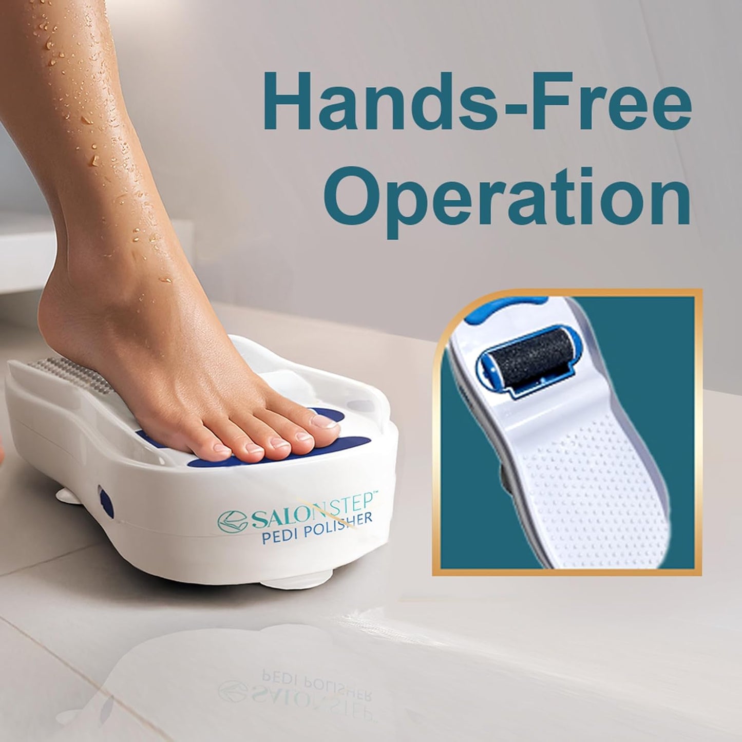 Pedi Polisher – Hands-Free Foot Exfoliator for Shower or Dry Use, Waterproof Smoother with 360 Spinning Buffer, Suction Base for Stability, at-Home Pedicure Tool