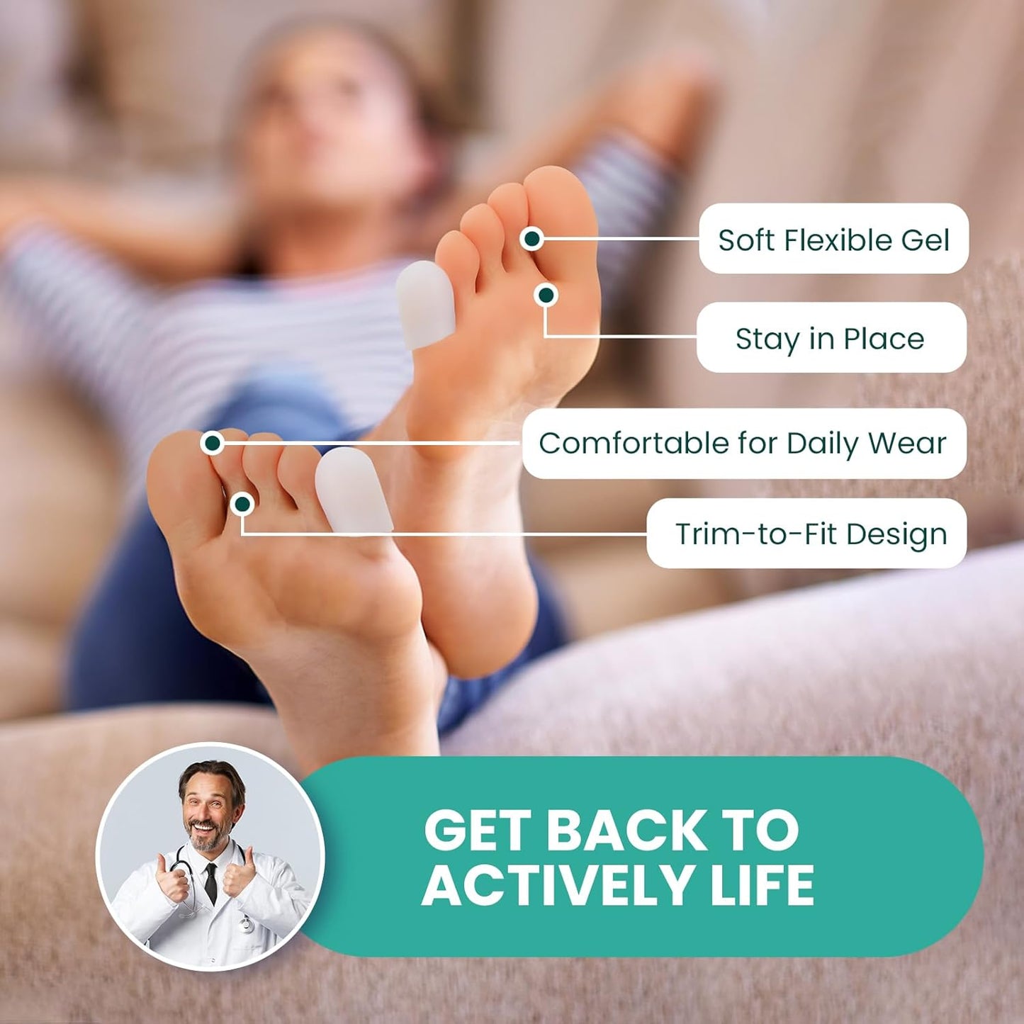 Welnove Gel Toe Cap and Protector - Silicone Toe Covers - Toe Cushions for Pain Relief, Missing or Ingrown Toenails, Corns, Calluses, Blisters (8 Small, White)