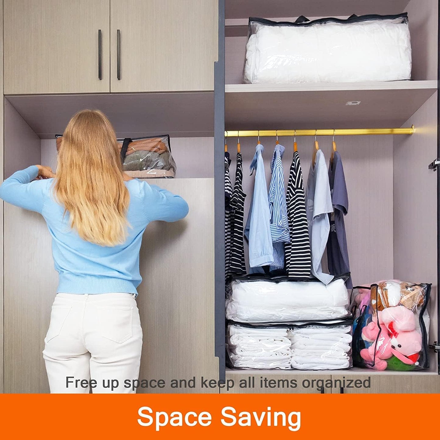 Vieshful 5 Pack Clear Comforter Storage Bag, 40L Clothes Storage Bag with Zipper Closet Organizer, Plastic Storage Containers Moving bags for Comforter, Blanket, Bedding, Duvet, Toys