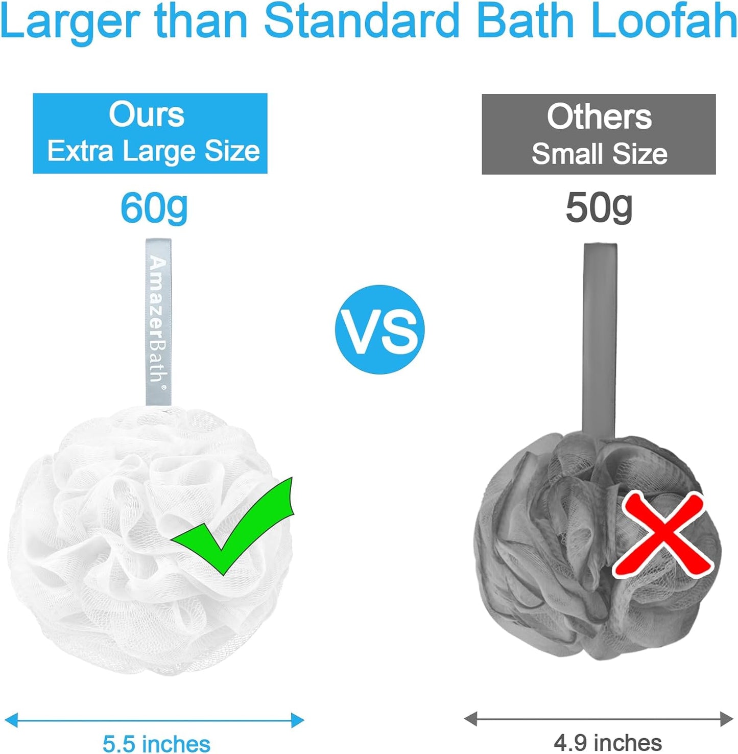 AmazerBath Loofah Sponge 60g/Piece, Exfoliating Bath Sponge Body Scrubber - Loofa Set of 4 - Snow White