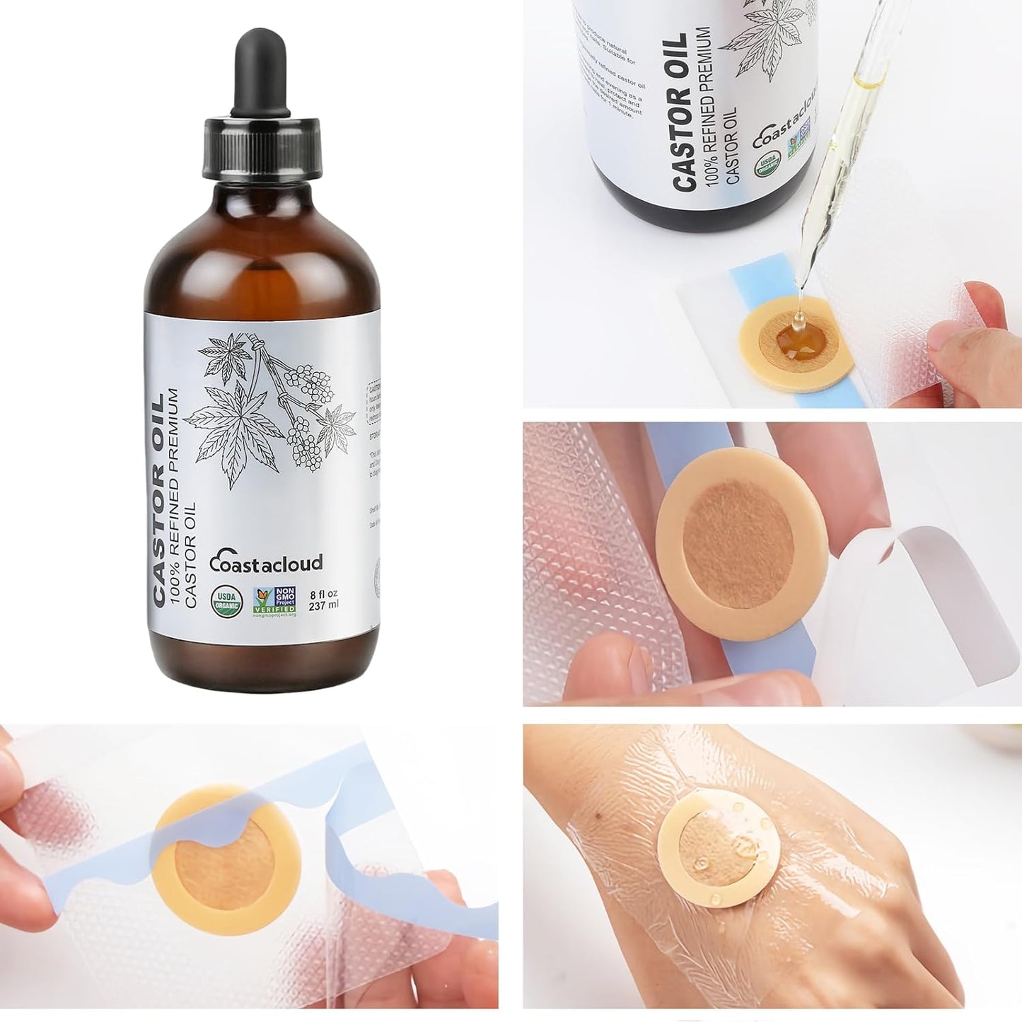Organic Castor Oil 8oz for Hair Growth Skin Moisturizer, 100% Pure Hexane-Free Eyebrow Eyelash Growth Serum, with 10PCS Castor Oil Patches for Belly Button, Glass Bottle with Pump Dropper