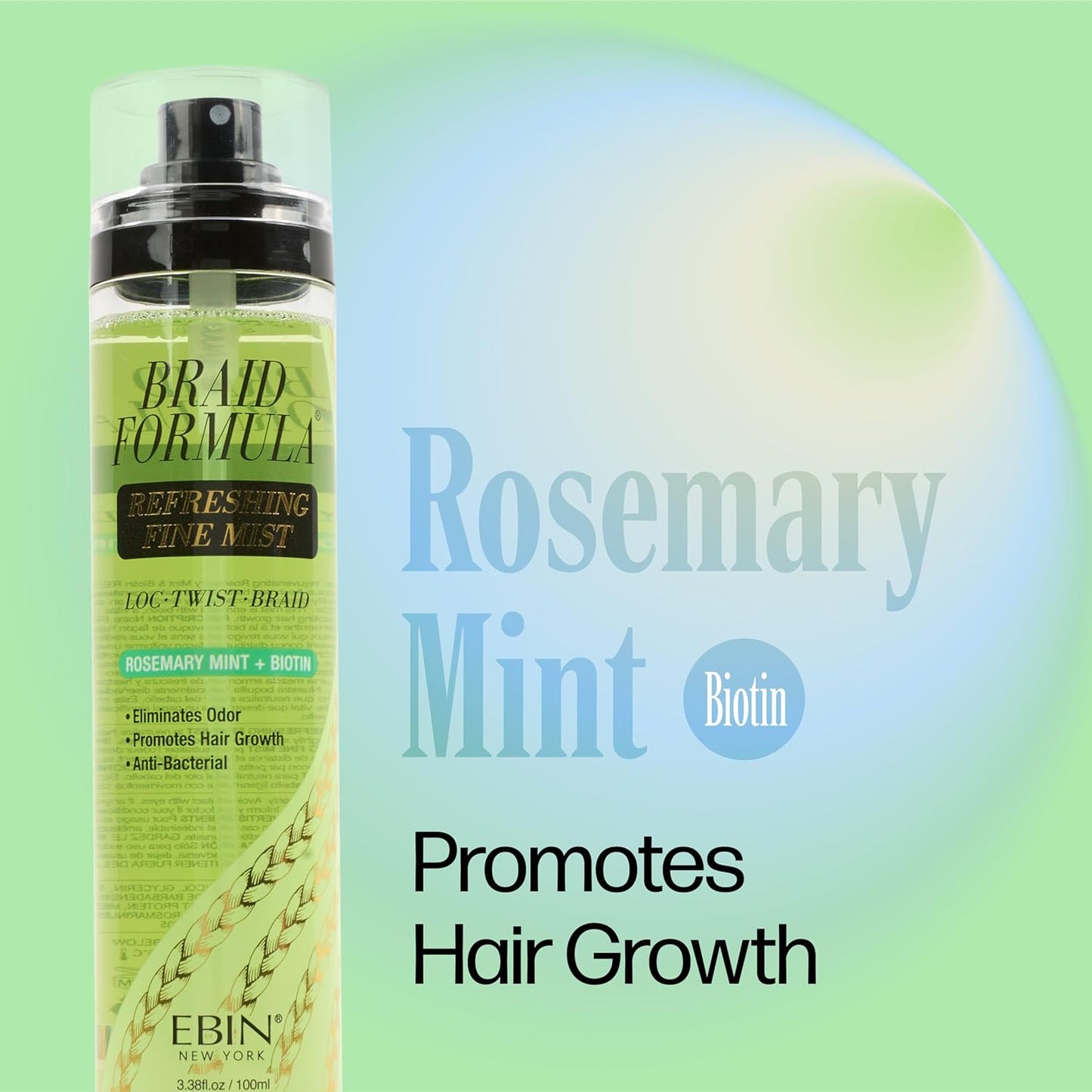 Braid Formula Refreshing Fine Mist 3.38 Fl. Oz. - Eliminates Odor, Gives High Shine, Infused with Rosemary Mint and Biotin for Promoting Hair Growth, No Breakage, No Frizz