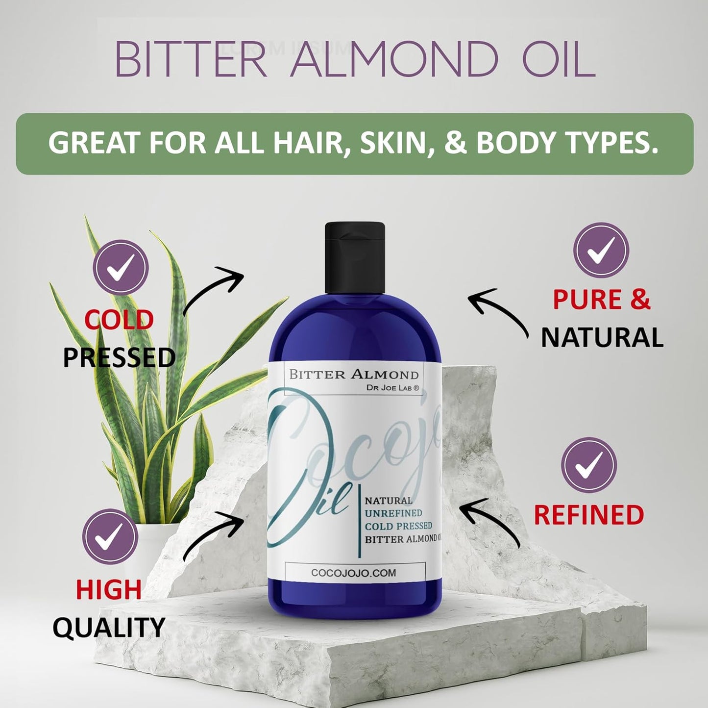 cocojojo Pure Bitter Almond Oil 8 oz Unrefined Cold Pressed Extra Virgin All Natural Perfect for Hair Face Skin Nails