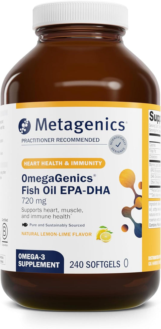Metagenics OmegaGenics Fish Oil EPA-DHA 720 mg - Omega-3 Fish Oil Supplement - High Potency - for Heart Health, Musculoskeletal Health & Immune System Health* - with DHA & EPA - 240 Softgels