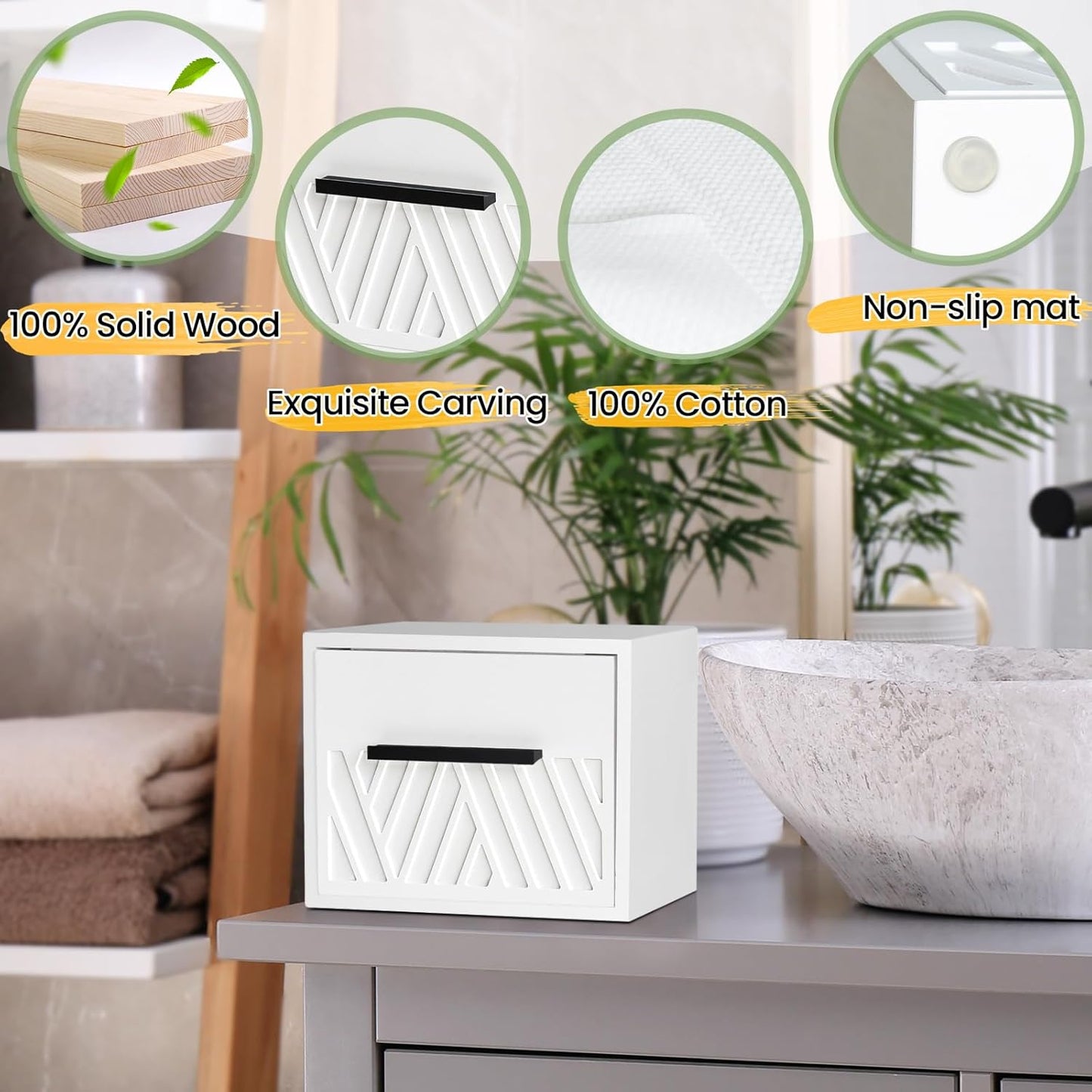 Disposable Face Towels XL with Luxe Wood Drawer Organizer, Face Towelettes Disposable 60 Count, 100% Cotton Facial Towel, Makeup Remover Cloth and Facial Wash Dry Wipes, Face Towel Holder Drawer