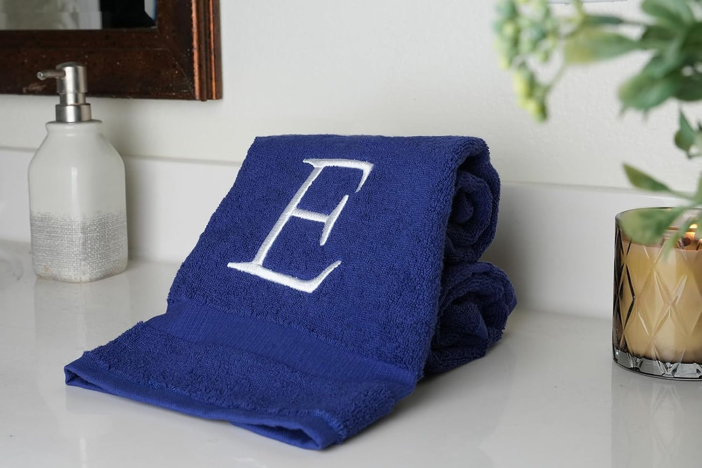 Navy Monogram Hand Towel for Bathroom - Monogrammed Initial Hotel Quality Decorative Embroidered Luxury Towel for Powder Room, Spa - GOTS Organic Certified - Set of 2 White Letter E