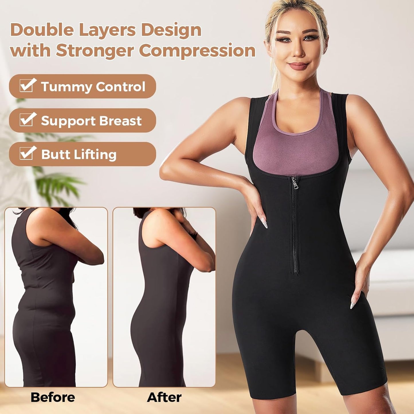 Sauna Suit for Women Sauna Vest Weight Loss 4 in 1 Waist Trainer Full Body Sweat Shirt Workout Running Gym