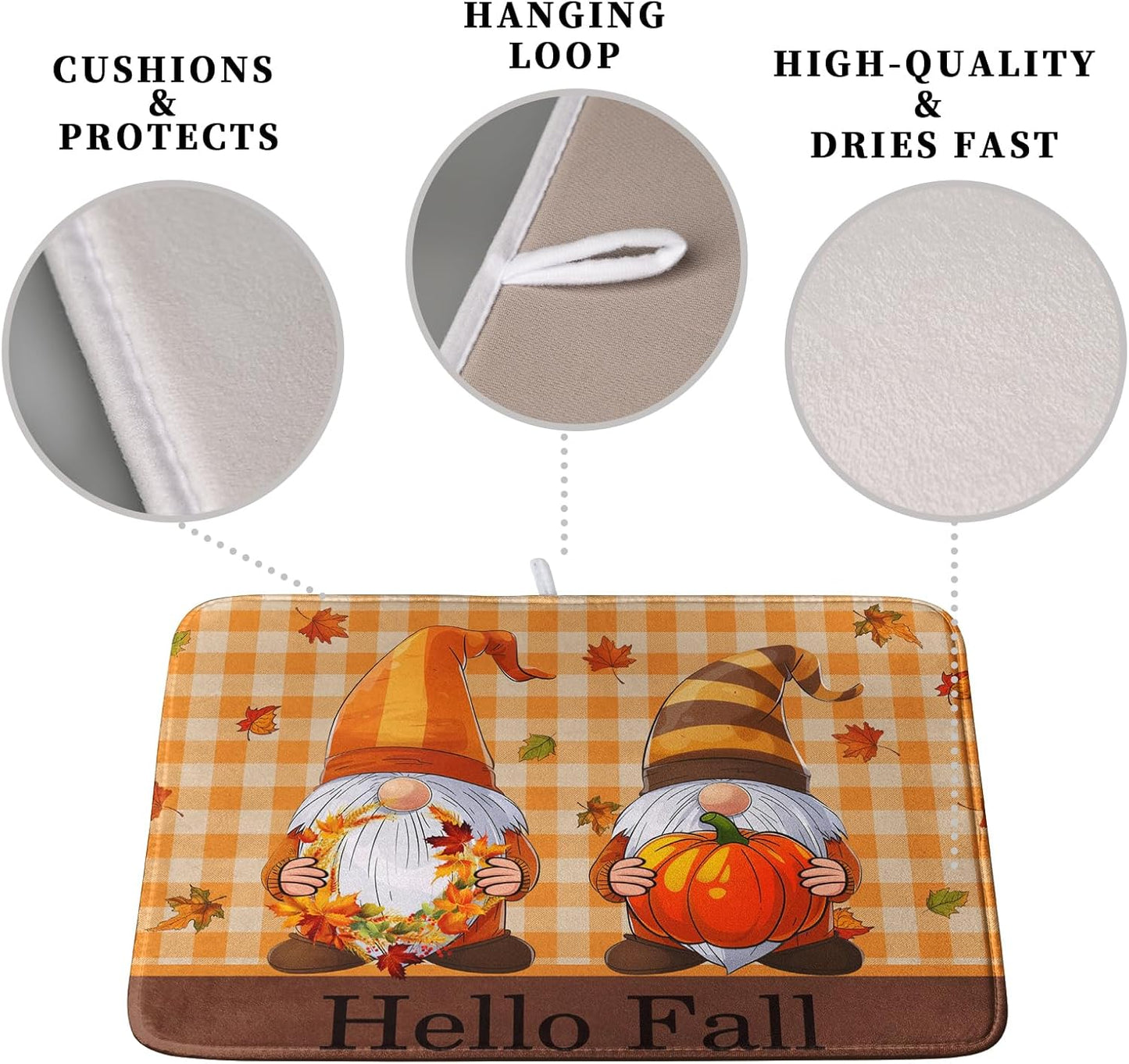 Hello Fall Autumn Gnomes Dish Drying Mat 18x24 Thanksgiving Pumpkin Maple Leaves Harvest Kitchen Drying Mat Orange White Buffalo Plaid Dish Drainer Mat Ultra Absorbent Dish Rack Pad for Coffee Bar