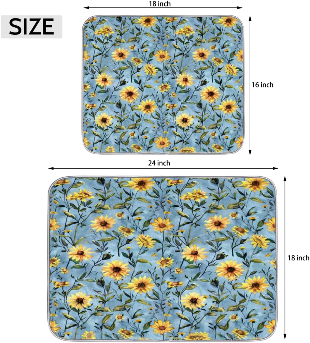 Hexteria Sunflower Large Dish Drying Mats for Kitchen Counter, Quick Dry Dish Mat 18 x 24 Inches, Dishes Draining Mats Foldable Dish Rack Pad, Sunflower