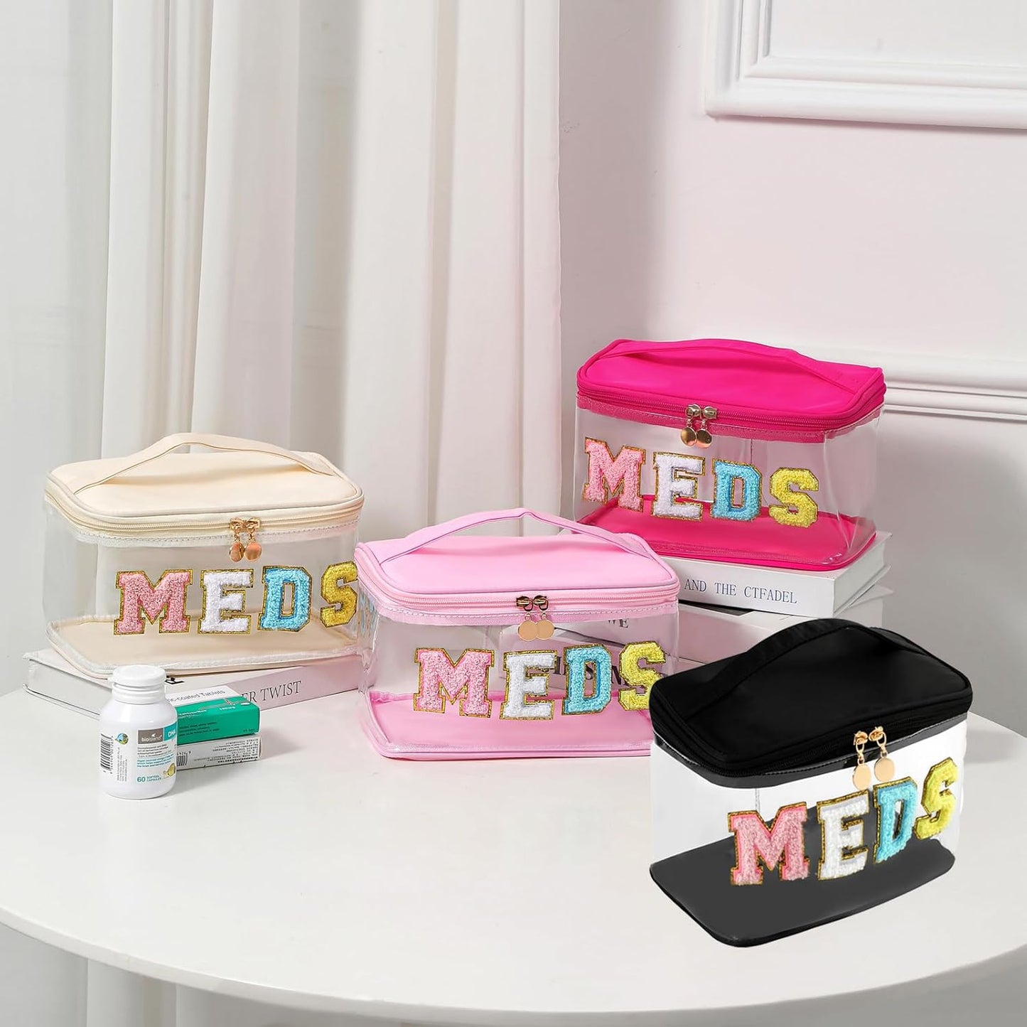 Personalized Chenille Letter Clear Medicine Makeup Bag, Large Size Waterproof Nylon Cosmetic Toiletry Storage bag with Top Handle, Transparent Meds First Aid Travel Organizer Cosmetic Bag(04Black)