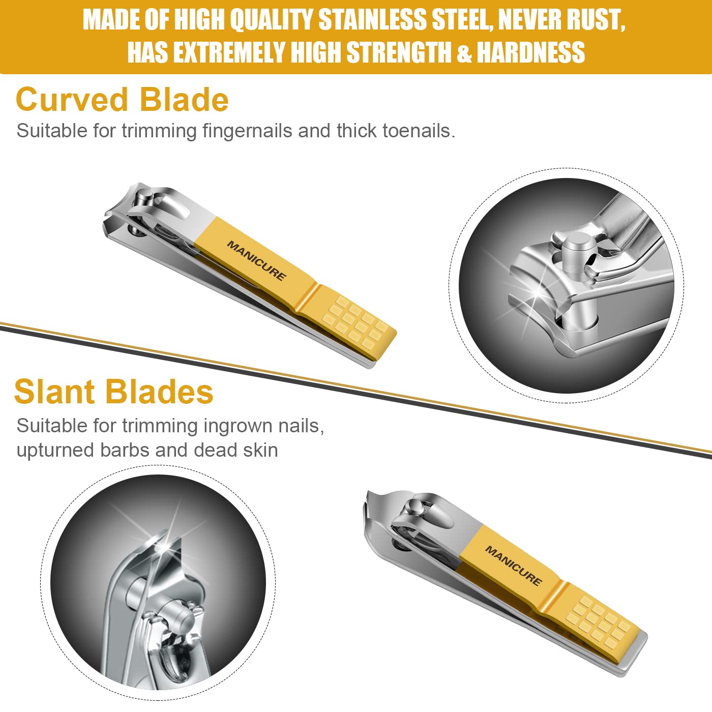 Manicure Set Professional Nail Clippers Pedicure Kit, 16 pcs Stainless Steel Nail Care Tools Grooming Kit with Luxurious Travel Leather Case for Thick Nails Men Women Gift (Yellow)