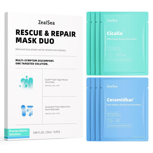 ZealSea Cicalix & Ceramidbar Face Masks Skincare, All-in-one Proven Derm Solution Facial Mask for Visibly Soft | Plump | Quenching | Anti-aging, Soothing & Refreshing, Strengthen & Restore, 4+4 Duo