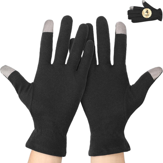 Segbeauty 8 Counts Elastic Touchscreen Black Sleeping Cotton Gloves Liners, 4 Pairs Hand Moisturizer Gloves with Elastic Band, Soft Sleeping Work Glove for Dry Hands Overnight Care Lotion Cotton Glove