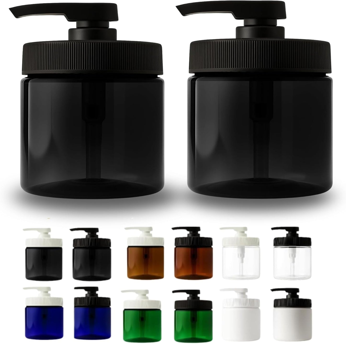 Royal Massage 16oz Refillable Pump Jar with Locking Dip Tube Dispenser – BPA-Free Plastic Container for Massage Oils, Lotions, Creams – Ribbed Lid Wide-Mouth Jar – Durable & Reusable (Black/Black, 2)