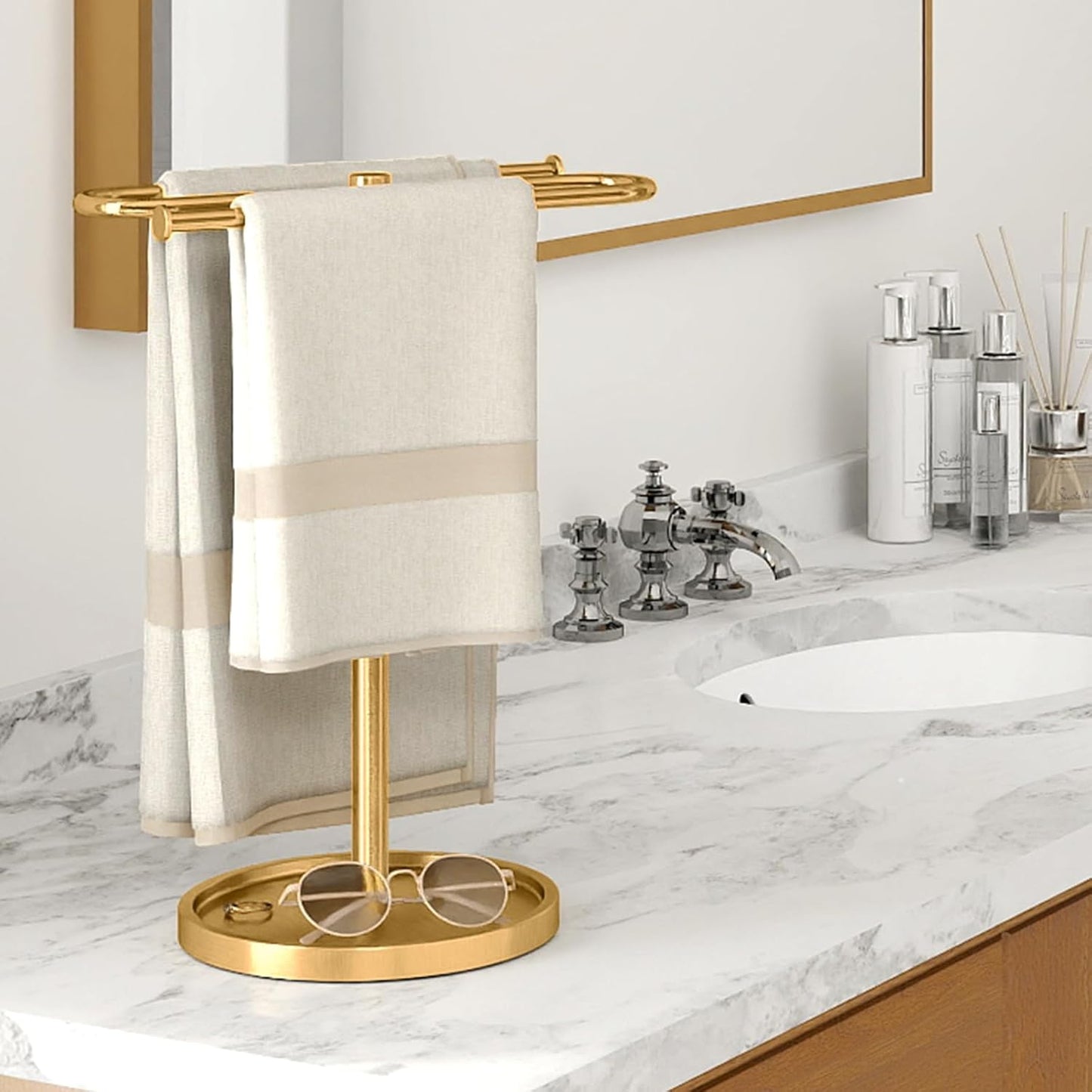 Bathroom Hand Towel Holder Stand Gold, S-Shape Countertop Towel Standing, Stainless Steel Towel Rack Bar Holds 2 Towels for Kitchen