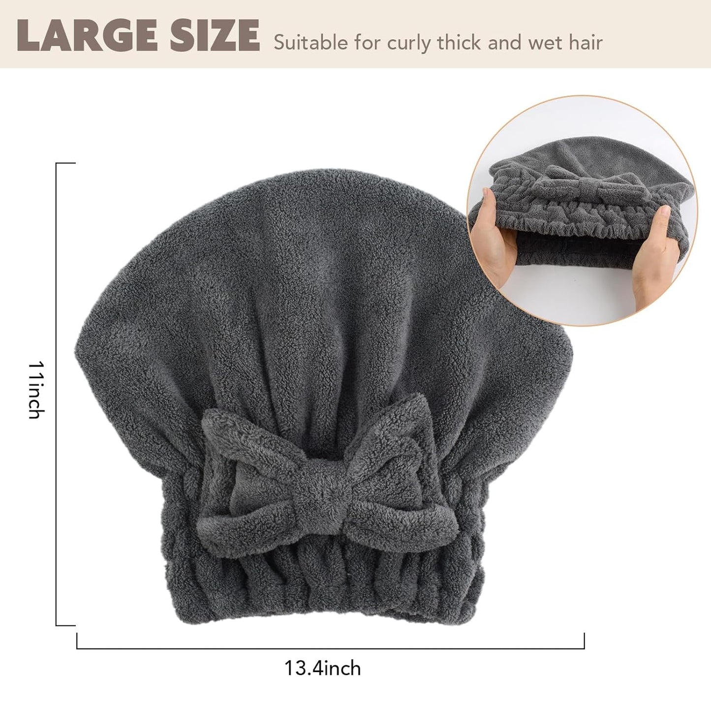 SUNLAND Large Microfiber Hair Drying Caps with Bow knot Fast Drying Shower Cap Soft and Absorbent hairWrap Hair Turban Bath Caps for Curly Thick and wet Hair 11 X 13.4 inch 2 Pack Dgrey