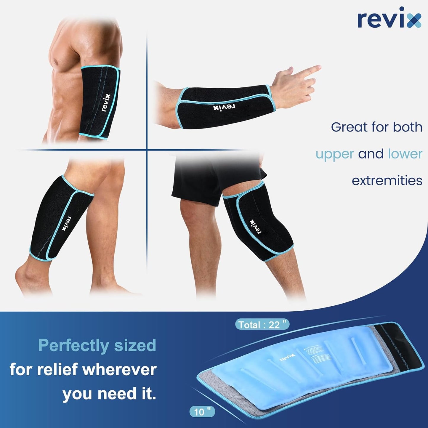 REVIX XL Shin Ice Pack Reusable Gel Cold Pack for Calf and Elbow Discomfort Relief, Leg Cold Therapy Compression Sleeve Refreezable, 360° Full Coverage