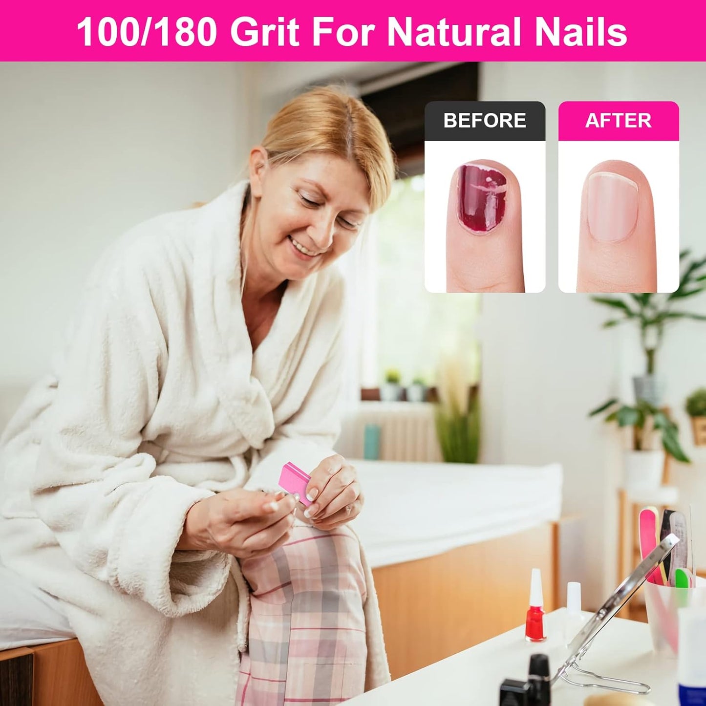 Diesisa Buffer Block Nail File, 100/180 Grit Sponge Nail Buffers for Acrylic Nails, Nails Buffer, Mini Buffing Block Double Sided for Manicure Tools 60 Count - Pink