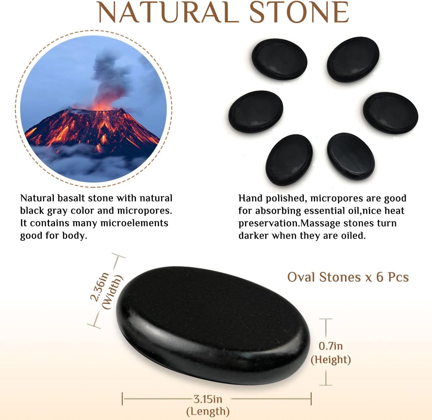 Hot Stones Massage Set - 6 Essential Basalt Hot Stones Massage Kit, Hot Rocks Massage Stones for Professional or Home SPA, Relaxing, Healing, Pain Relief