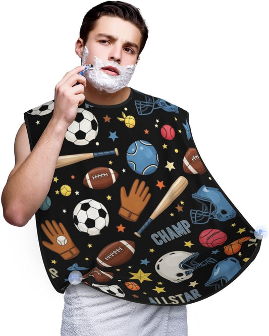 Beard Bib with 3 Suction Cups, Non-Stick Waterproof Hair Catcher Apron, Men's Shaving Essential for Grooming, Cool Ice Hockey Ball Soccer Basketball Baseball Football American Sport Shave Bib