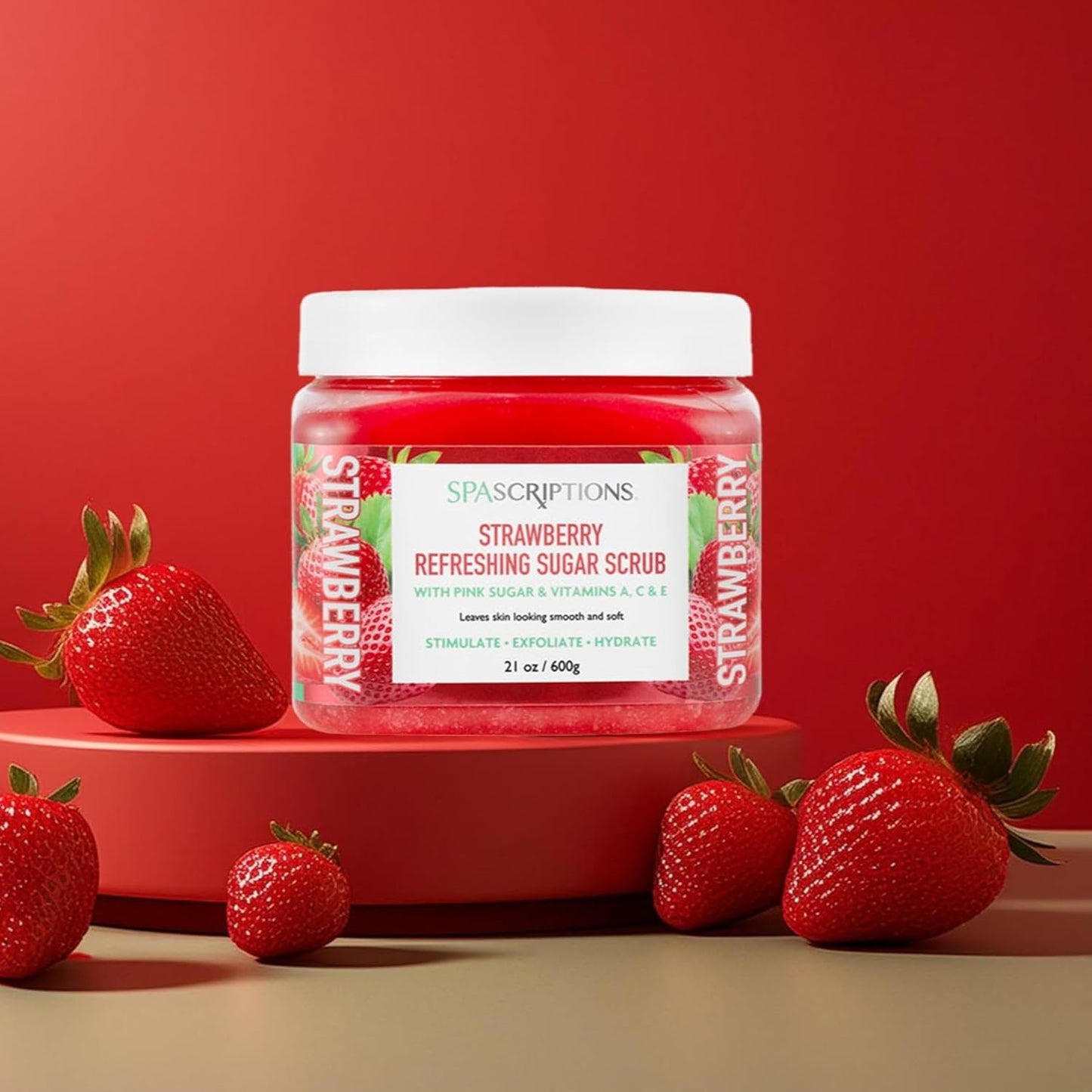 Spascriptions Strawberry Refreshing Sugar Body Scrub with Pink Sugar & Vitamins A, C, E, 21 oz to Stimulate, Exfoliate, Hydrate