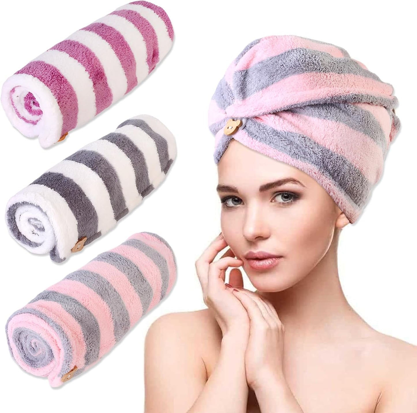 3 Pack Microfiber Hair Towel Wrap for Women, Fast Drying Hair Turban with Button, Anti-Frizz Large Hair Towel for All Hair Styles, Soft & Absorbent Hair Drying Towel