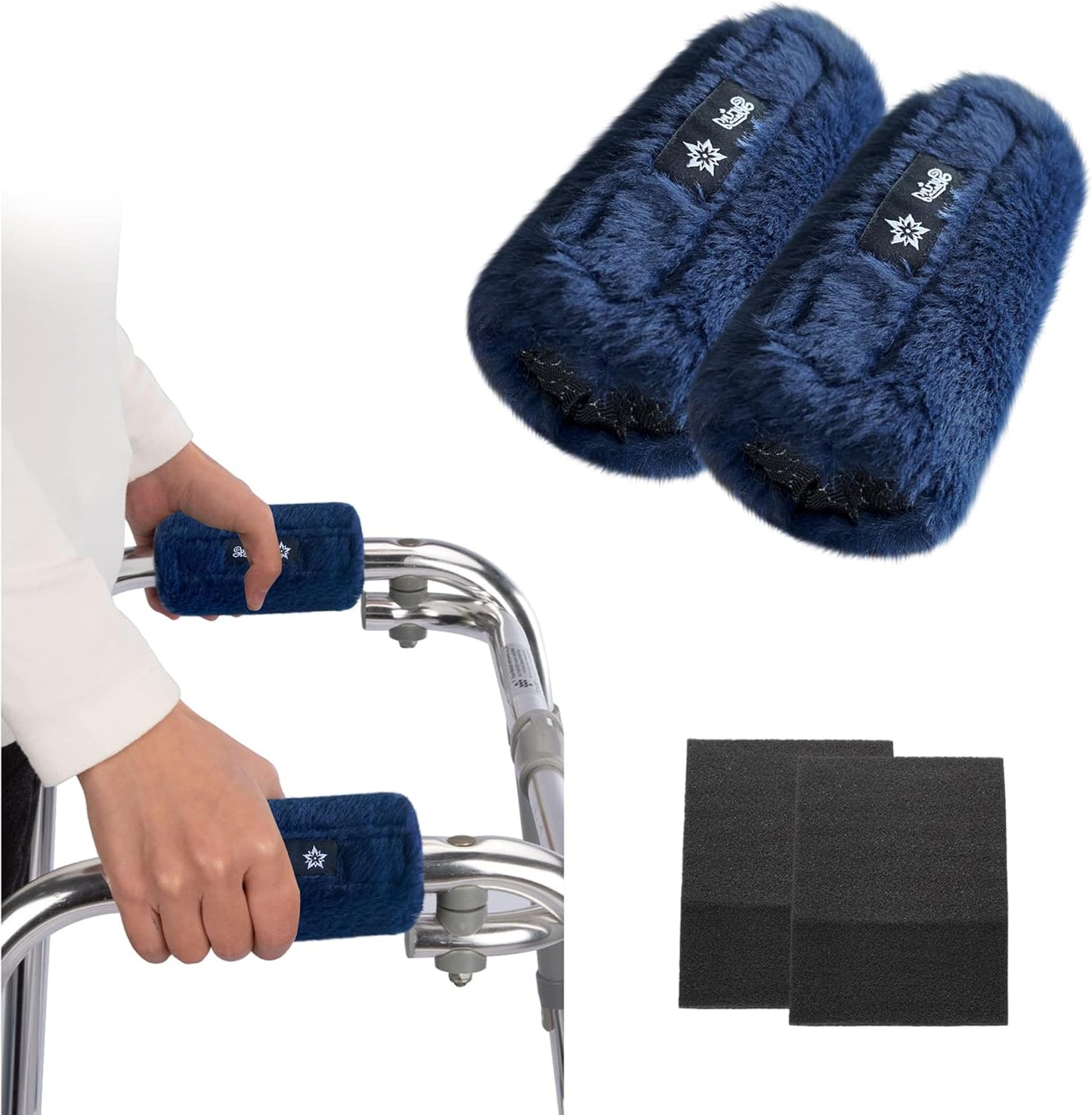 SPRING SEAON Walker Hand Pads Fluffy Walker Handle Cushions Non-Slip Universal Walker Grips Padded Hand Covers Soft Pads for Walkers for Seniors Walker Pads for Handles Folding Rolling Wheelchair, Rollator Handle, Elderly Grippers 2 Pack (Navy Blue)