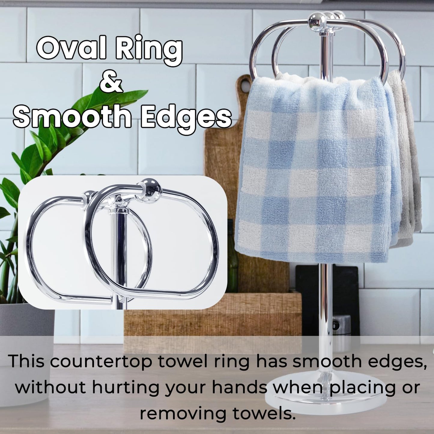 17 Inch Stainless Steel Hand Towel Holder Double Stand Hand Towel Ring for Washcloths or dishcloths Non-Slip Base Free Standing Towel Rack for Bathroom Kitchen (Chrome)