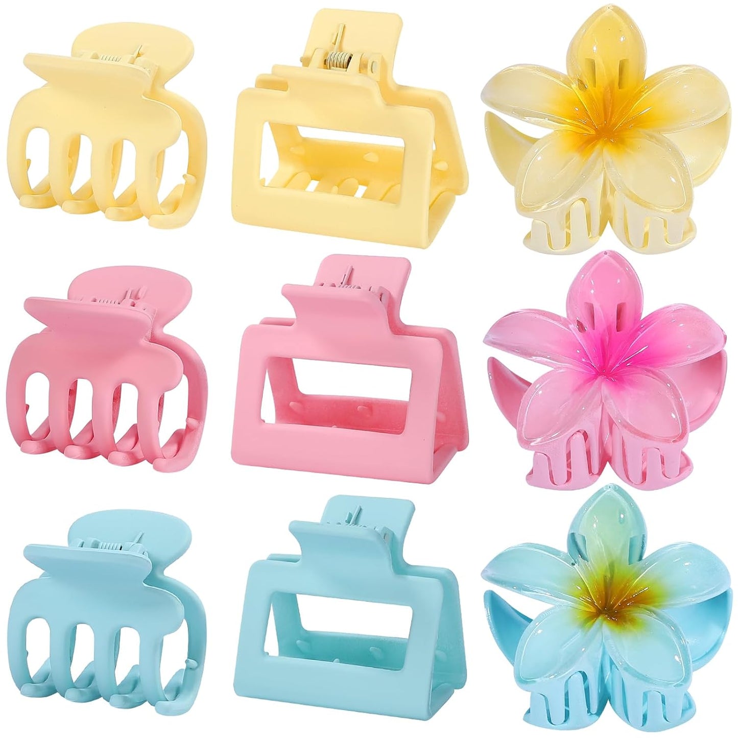 3 Styles Medium Hair Clips for Women 9 Pcs Small Claw Clips for Thin Hair Flower Hair Clips for Thick Hair Square Hair Claw Clips for Girls Hawaiian Plumeria Hair Accessories for Women (Pink)