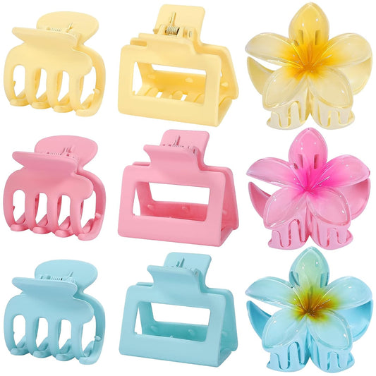 3 Styles Medium Hair Clips for Women 9 Pcs Small Claw Clips for Thin Hair Flower Hair Clips for Thick Hair Square Hair Claw Clips for Girls Hawaiian Plumeria Hair Accessories for Women (Pink)