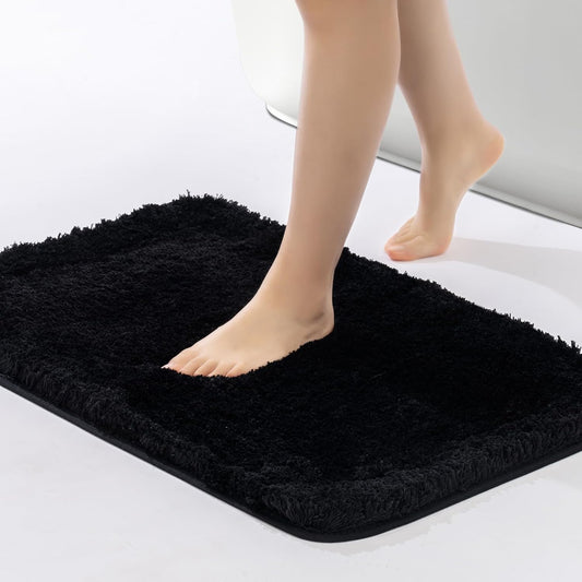 ROSMARUS Shaggy Bath Rug Non Slip 17" X 24", Water Absorbent Mat, Soft Shower Mat for Floor & Tub, Fluffy Plush Bathroom Rug Machine Washable, Black