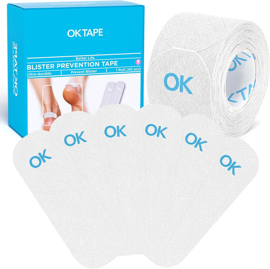 OK TAPE Pre-Cut Blister Bandages for feet | Blister Prevention Tape for Feet, Fingers, Toes | 1.2in x 3.5in,White,40pcs