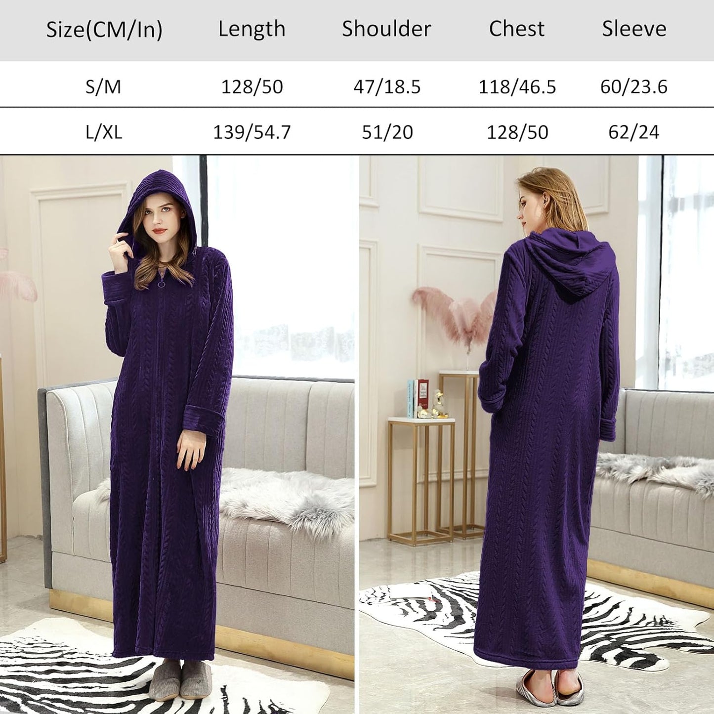 Hellomamma Long Hooded Zipper Bathrobe for Womens Flannel Fleece Robes Winter Warm Housecoat Nightgown Sleepwear Pajamas