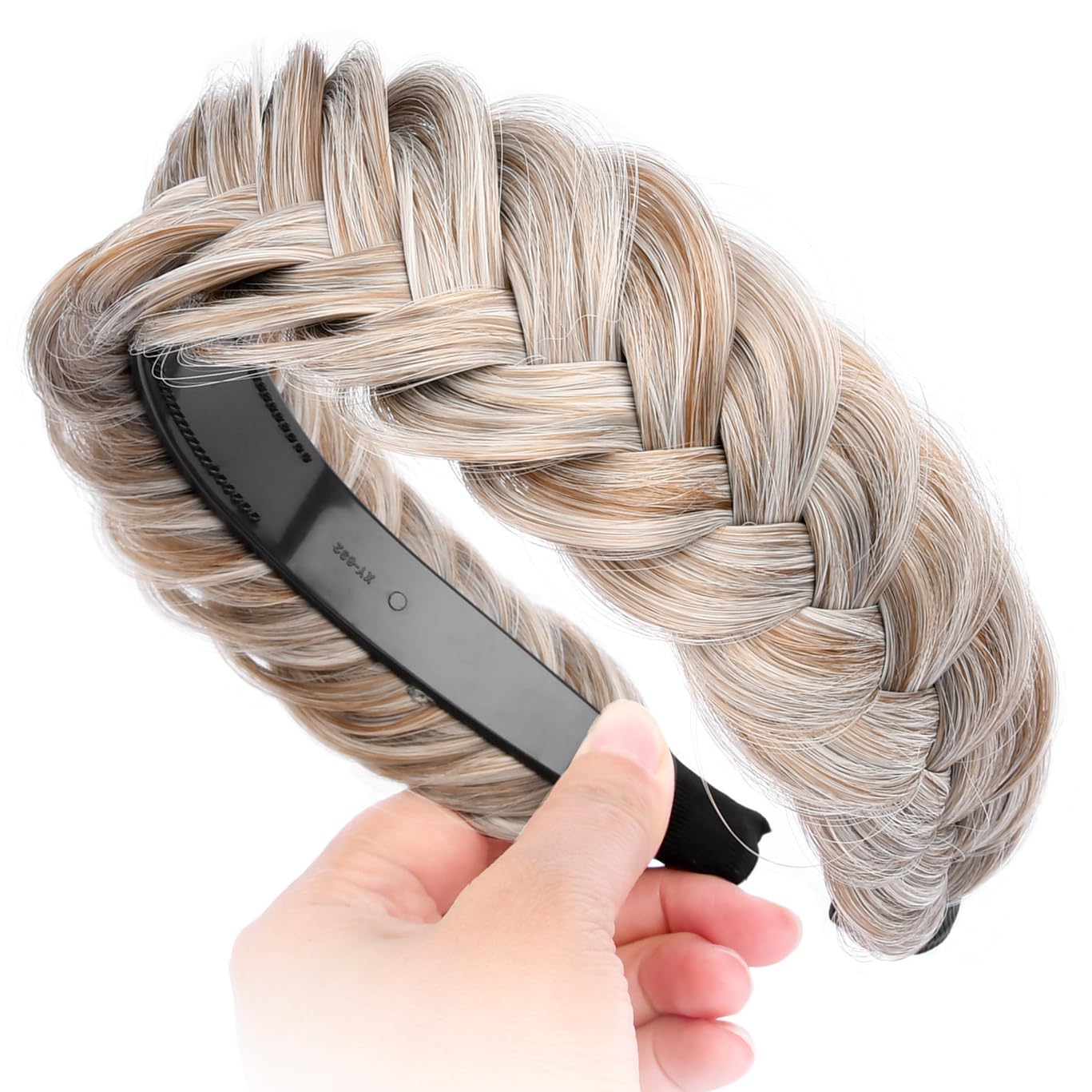 DIGUAN Wide Messy Braided Headband With Teeth Synthetic Hair Plaited Headband High Elasticity Braids Chunky Fishtail Braided Hair Band Hairpiece for Girls Women Beauty Accessory (White Gray Brown)