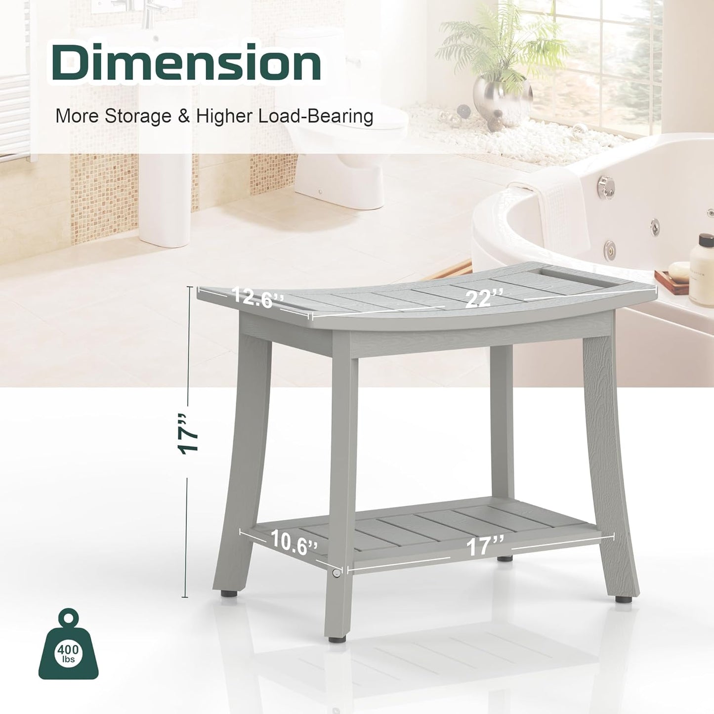 HIPS Shower Benches for Inside Shower, Waterproof Shower Stool with Storage Shelf & Adjustable Feet, SPA Bathroom Seat Chair for Shaving Legs, Indoor or Outdoor Use, Grey