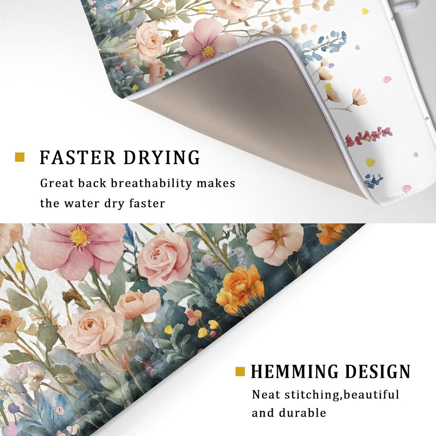 Colorful Flower Dish Drying Mat 18x24 Inch Botanical Floral Drainer Rack Mats Washable Absorbent Dish Dry Pad for Kitchen Counter Sink