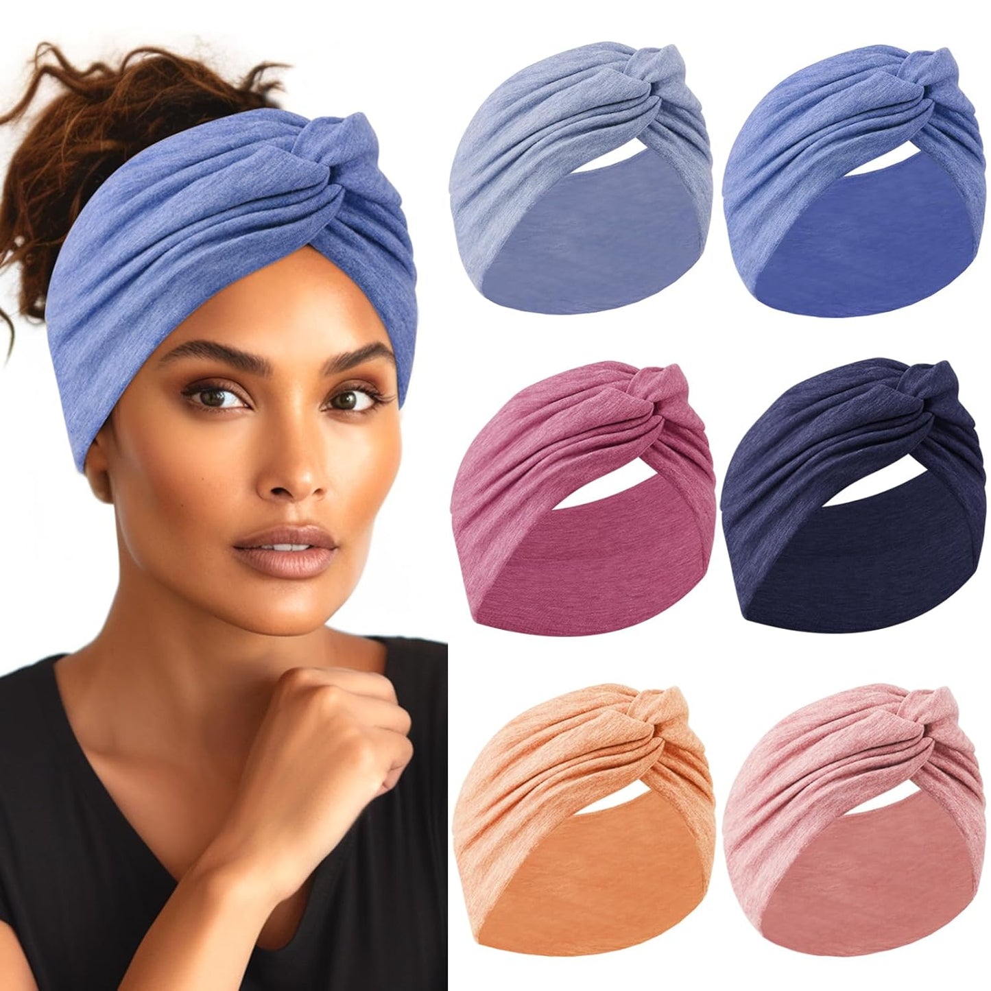 Extra Wide Headbands for Women, 7'' Large Cotton Like Turban Knotted Bandana Head Bands for Women Non Slip, Boho Headbands for Women's Hair (C2-6Pcs, Extra Large 7" Wide)