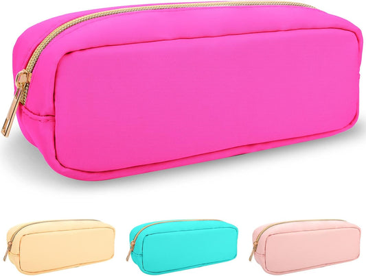 Izuzt Nylon Small Makeup Bag, Slim Pouch - Preppy Cute Makeup Brush Case, Cosmetic Zipper Pouch for Purse, Waterproof Travel Toiletry Bag Clutch, Makeup Organizer for Women & Girls (Hot Pink)