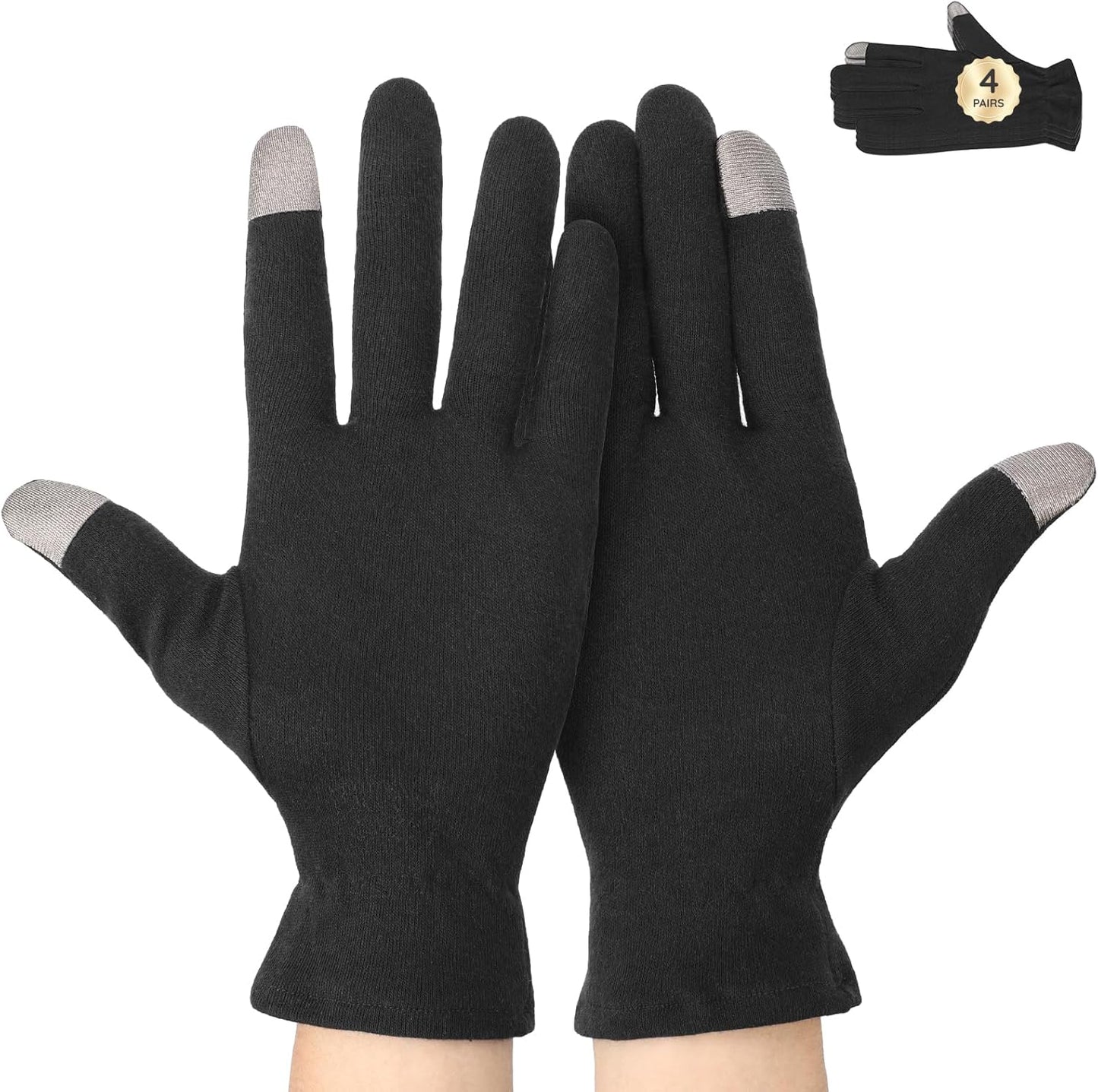 Segbeauty 8 Counts Touchscreen Black Hand Moisturizer Cotton Gloves with Elastic Band, 4 Pair Sleep Lotion Gloves for Dry Hands Overnight with Touchscreen Fingers, Home Spa Cotton Glove Liners for Men