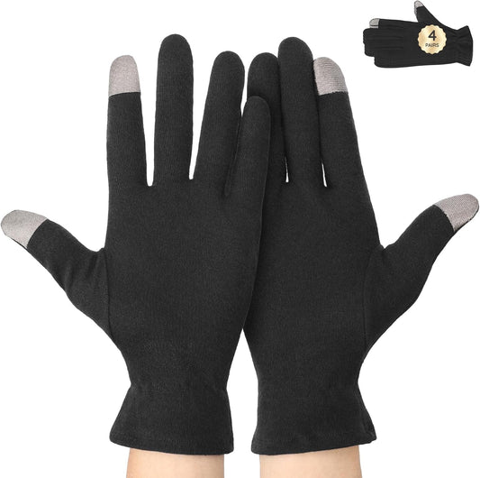 Segbeauty 8 Counts Touchscreen Black Hand Moisturizer Cotton Gloves with Elastic Band, 4 Pair Sleep Lotion Gloves for Dry Hands Overnight with Touchscreen Fingers, Home Spa Cotton Glove Liners for Men